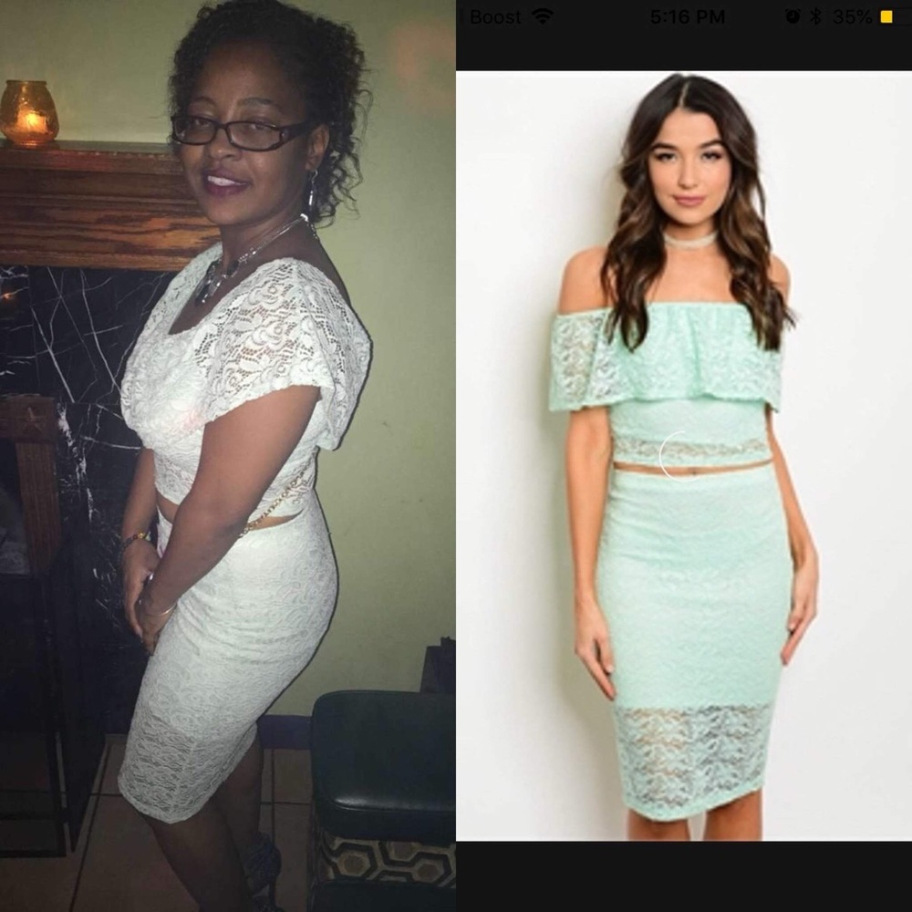 Women’s mint two piece skirt set. Great to wear to a wedding party.